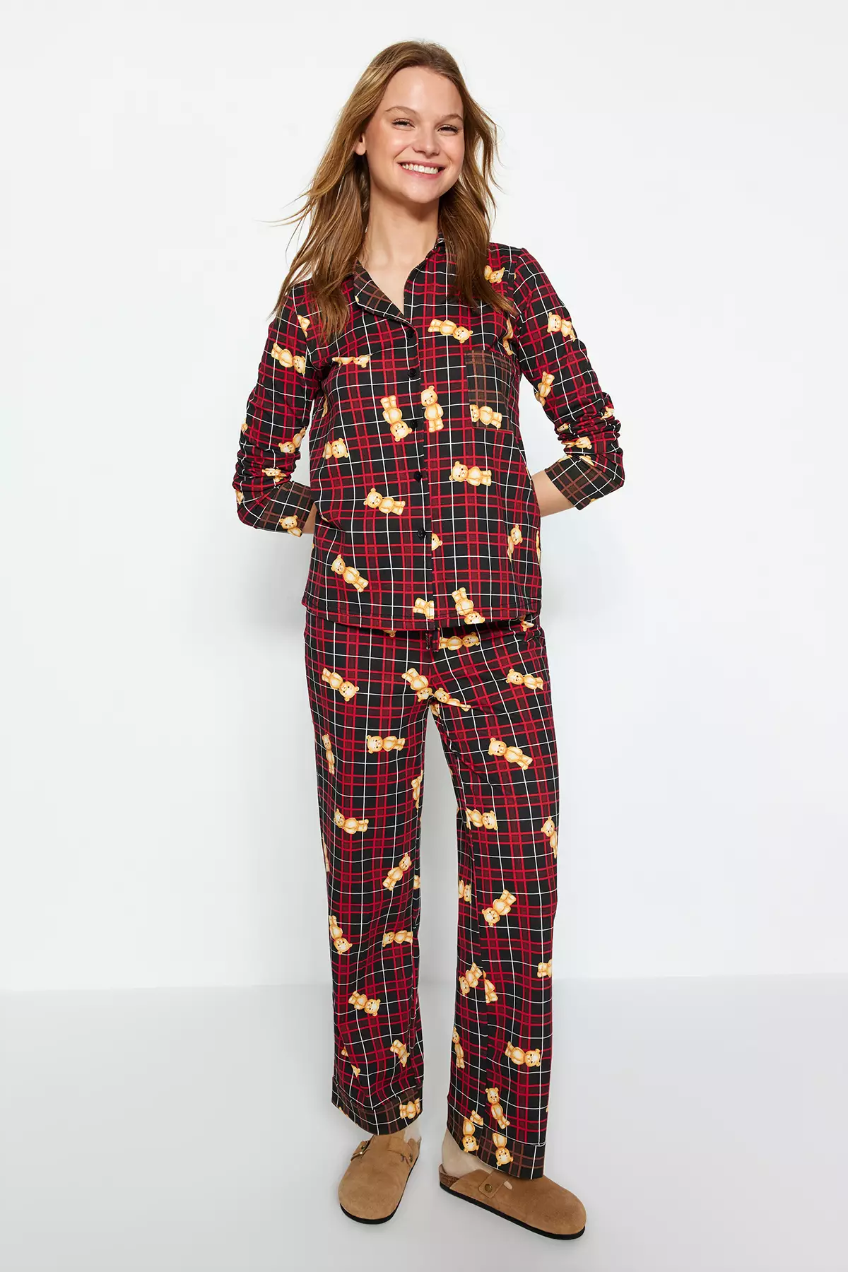 Multicolor 100% Cotton Teddy Bear Plaid Shirt-Pants Knitted Pajama Set