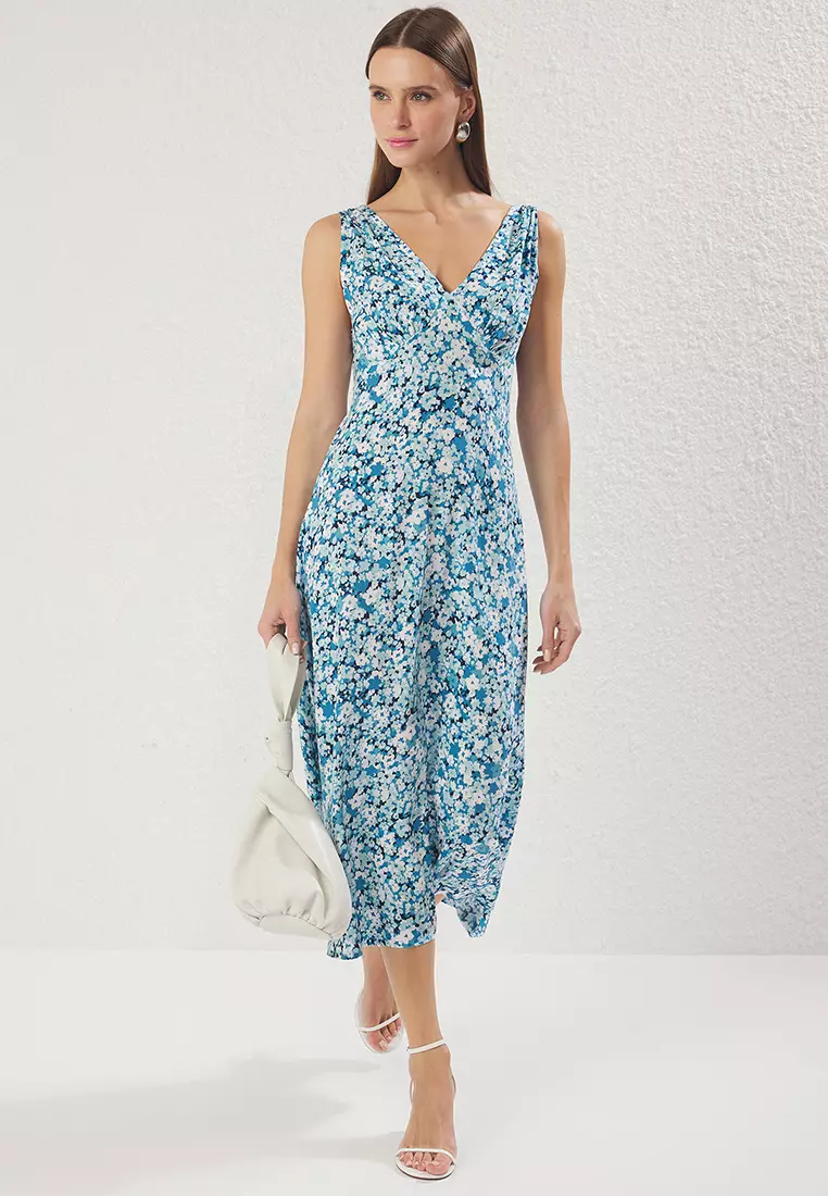 Blue Floral A-Line Midi Woven Dress TWOSS25EL00403