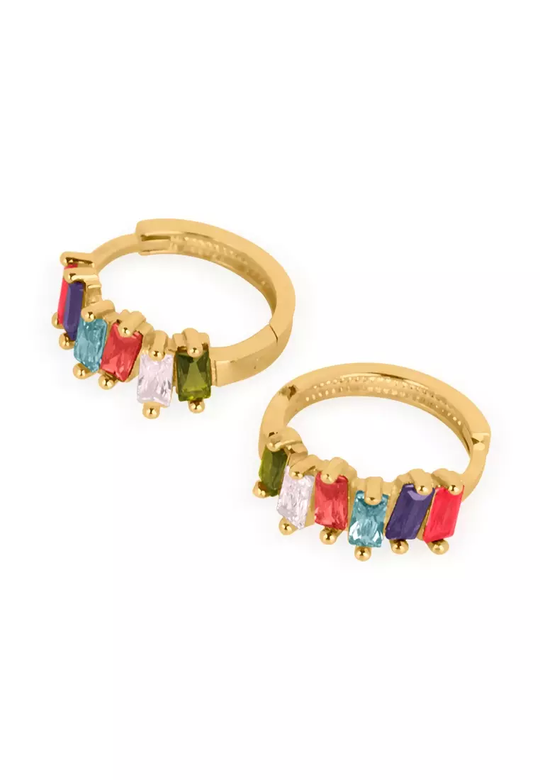 Colored Cluster Baguette Hoops 14k Gold