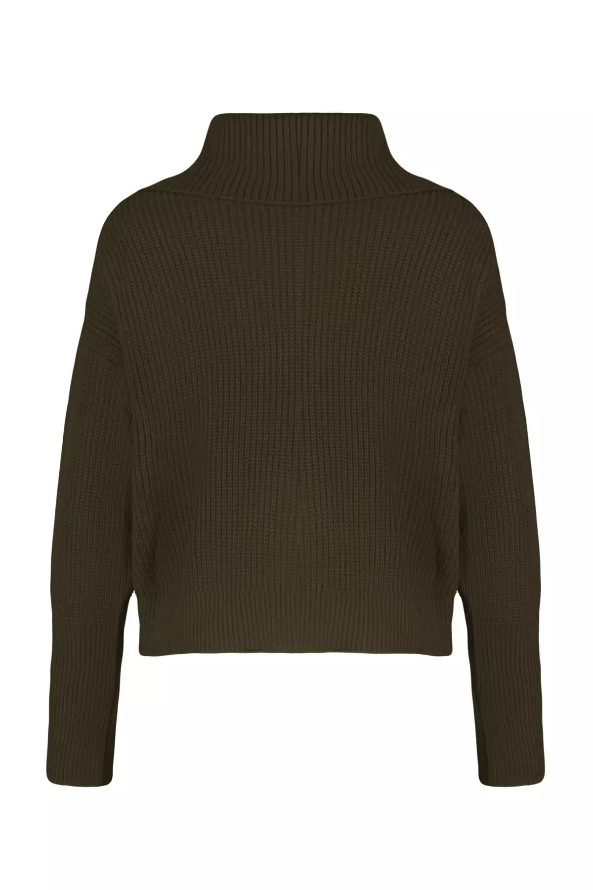 Turn Down Collar Zippered Khaki Knitwear Cardigan Wide Fit