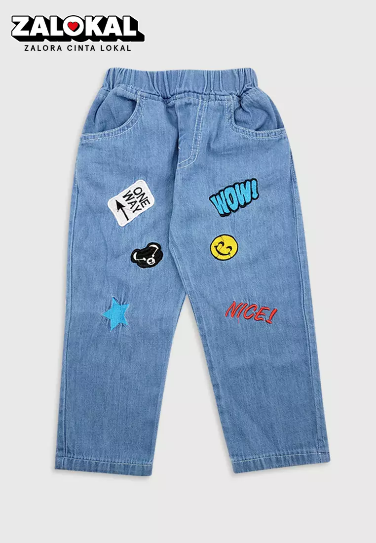 Wakakids Celana Jeans Panjang Bayi Anak Laki Laki dan Perempuan Unisex Patches Wow 025 Vench