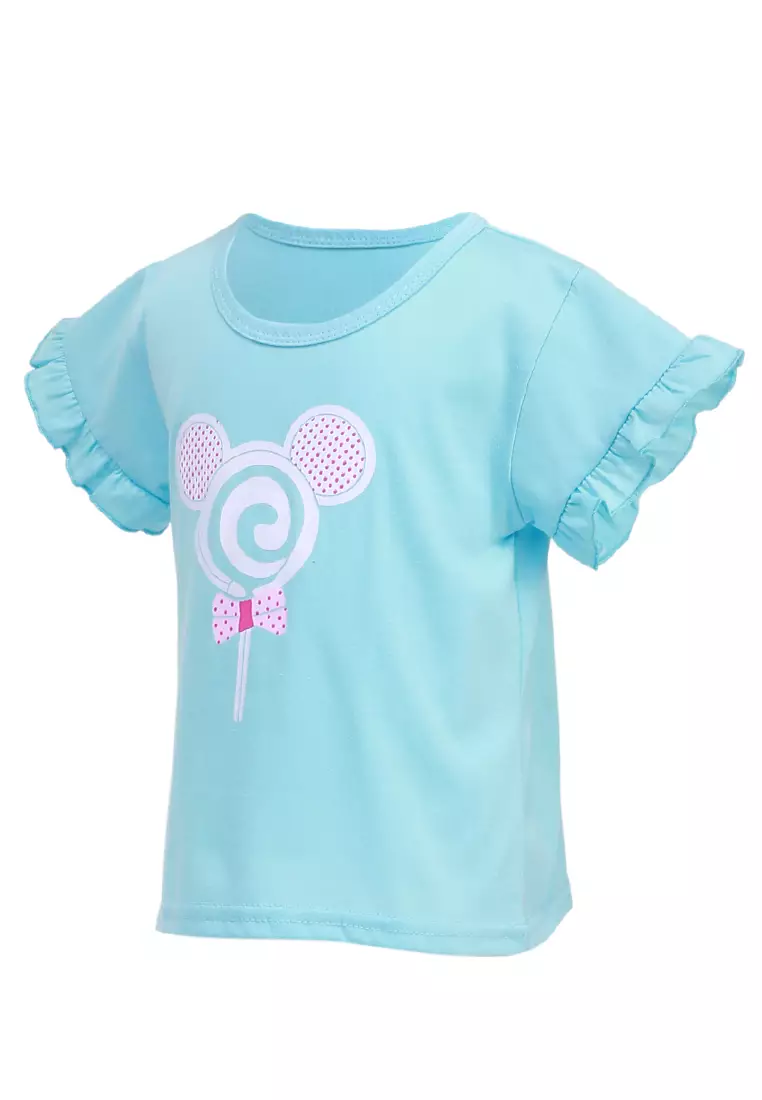 Chevelle Kaos Anak Perempuan Lengan Terompet Ruffle Tee Motif Bunga Material Cotton ORIGINAL - Blue