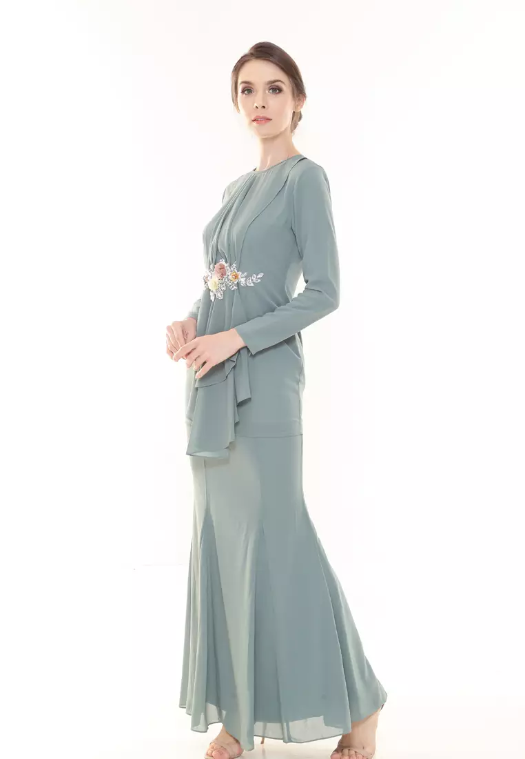 Patricia Pleated Kurung Modern in Dusty Green
