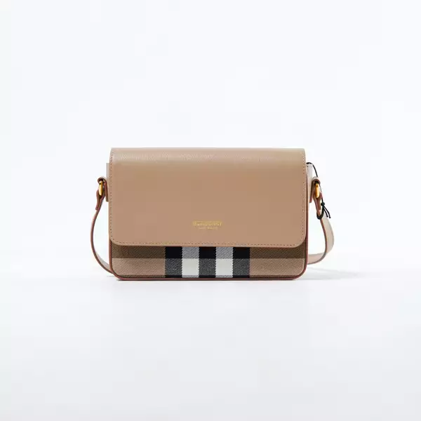 Tas BURBERRY CHECK BEIGE CHESTNUT FLAP LEATHER SHOULDER BAG 100% ORIGINAL