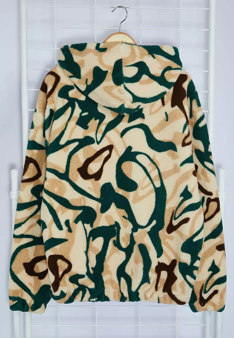 Multicolored Unisex Oversize/Wide Cut Patterned Sherpa Fleece/Plush Hooded Sweatshirt TMNAW25SW00147