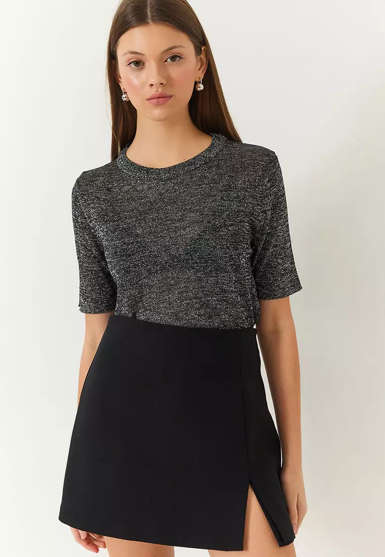 Women's Crew Neck Self-Shiny Short Sleeve T-Shirt 60261443