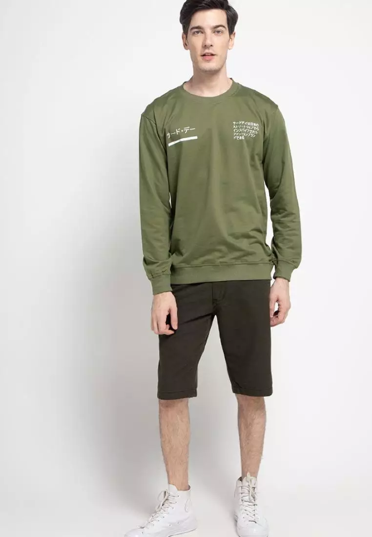 MO197 Thirdday sweater casual pria katakana x paragraph hijau army
