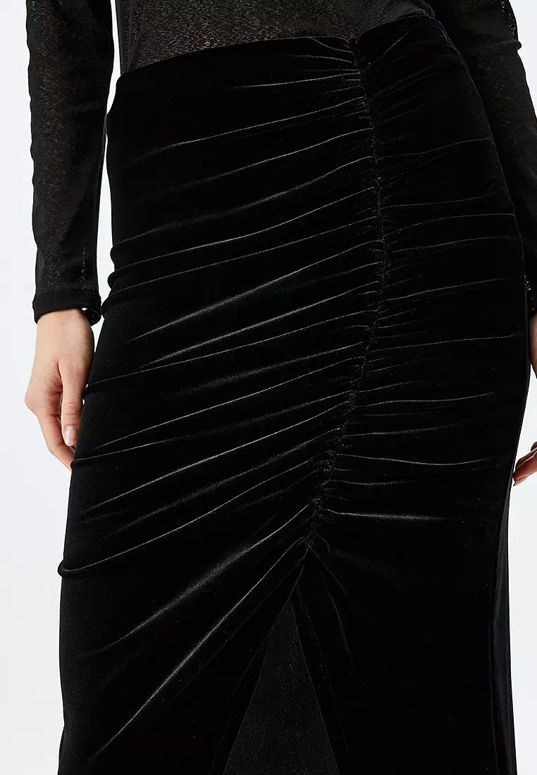 Midi Asymmetrical Draped Velvet Skirt