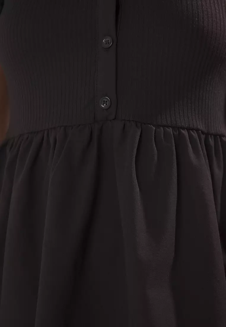 Black Buttoned Skirt with Woven Detail Mini Knitted Dress TWOSS25EL00772
