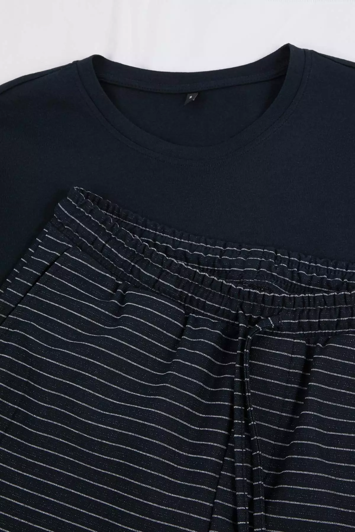 Buy Trendyol Dark Navy Regular/Normal Cut Bottom Striped Knitted Pajama ...