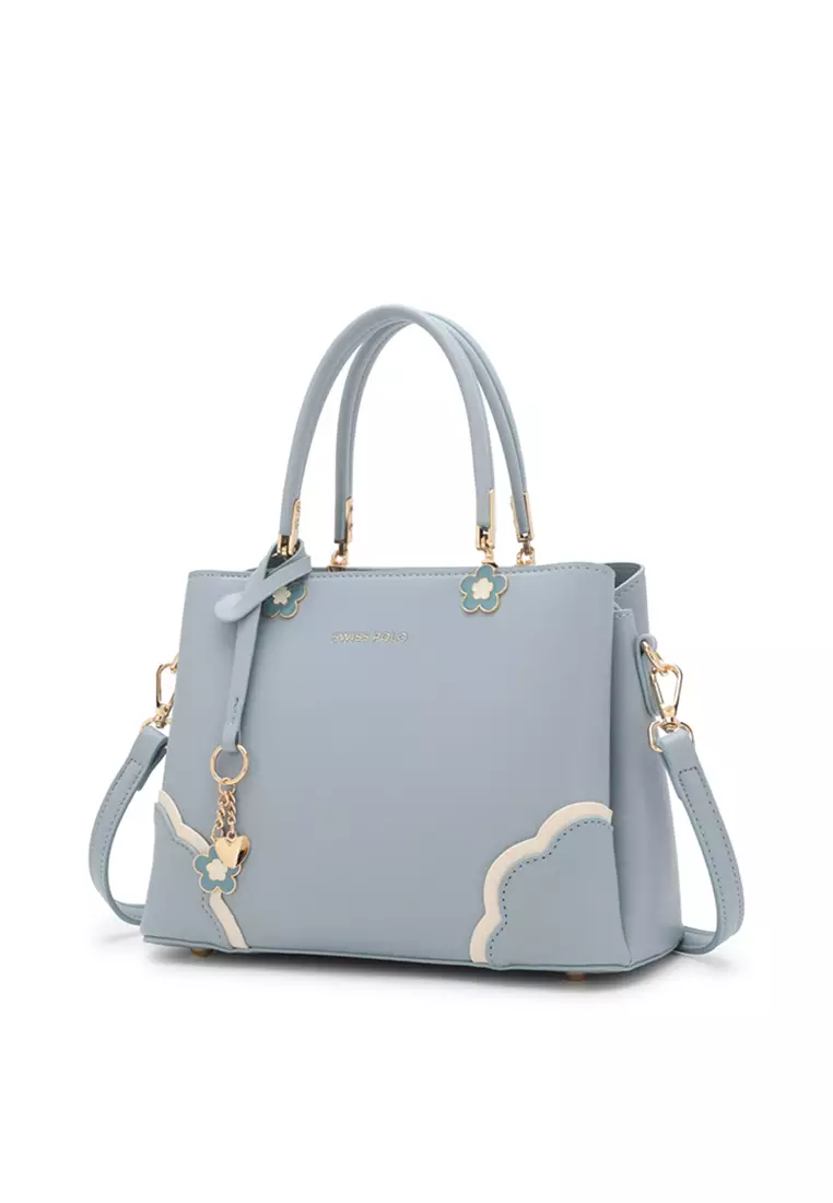 Women's Floral Detail Top Handle Bag / Sling Bag / Crossbody Bag - Blue