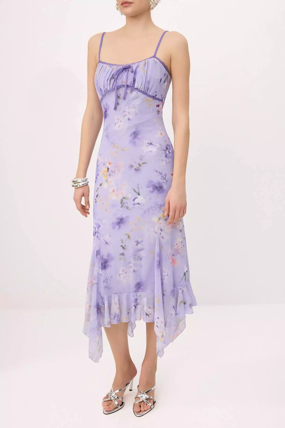 Lilac Floral Knitted Tulle Maxi Lined Stylish/Evening Dress With Tie Detail Tprss24El133