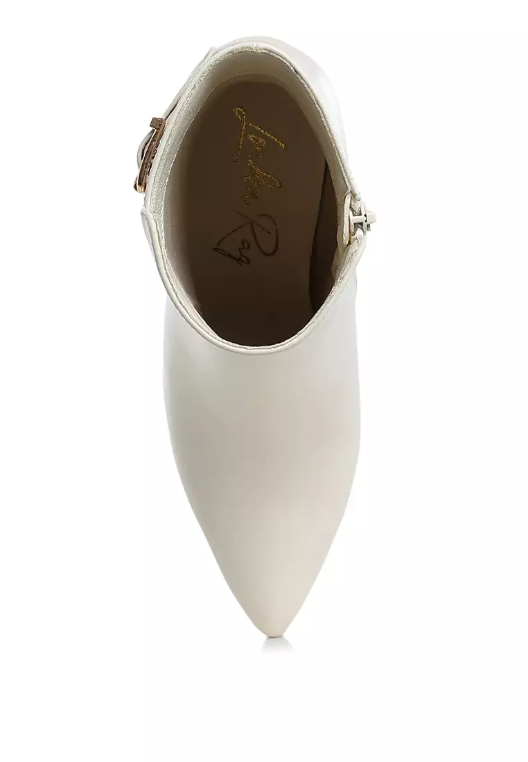 Belt Detail Block Heel Boots in Off White