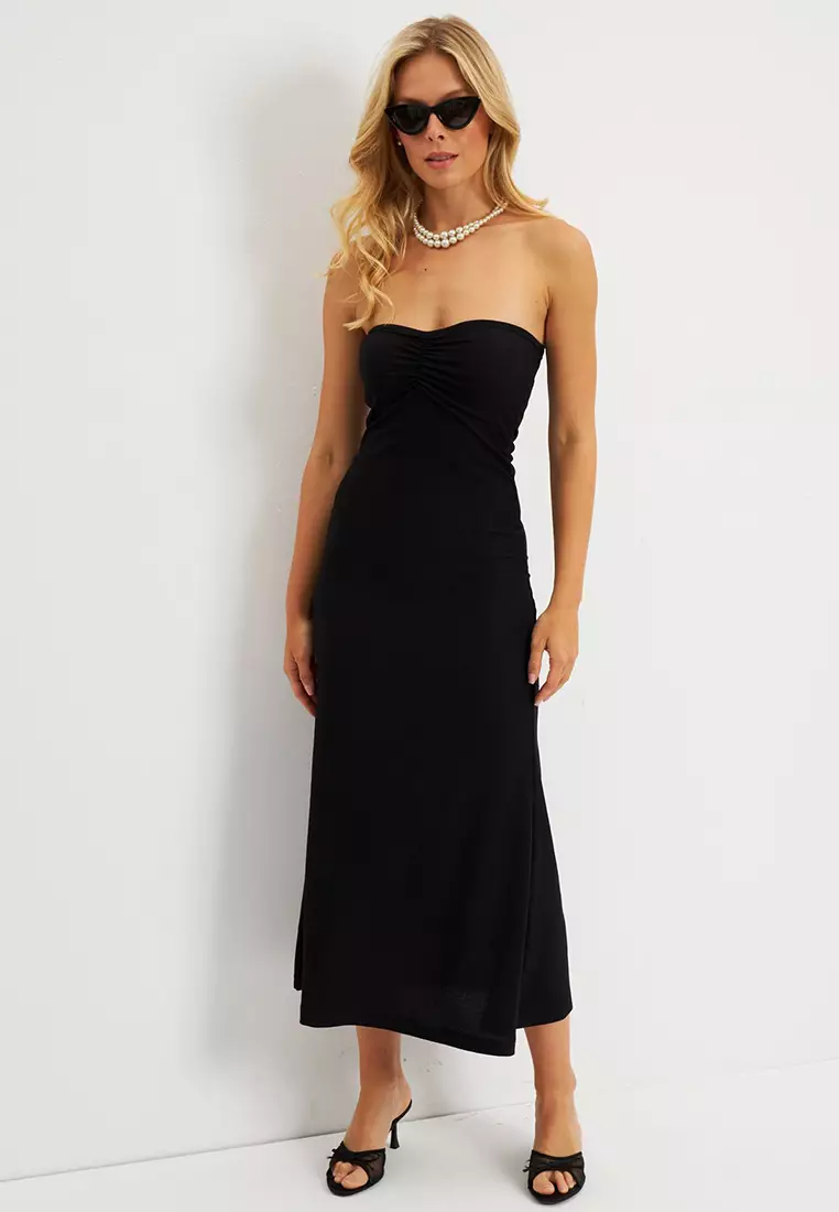 Strapless Ruched Midi Dress