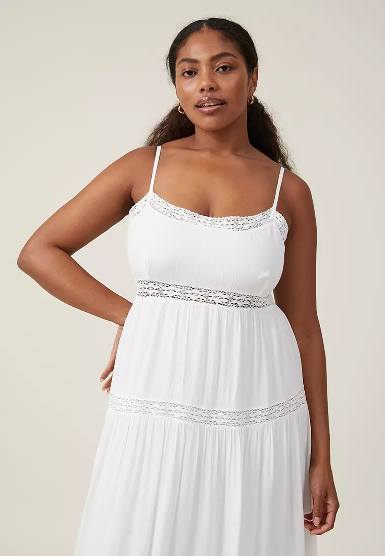 White Lace Stitching Strappy Ruched Cami Dress