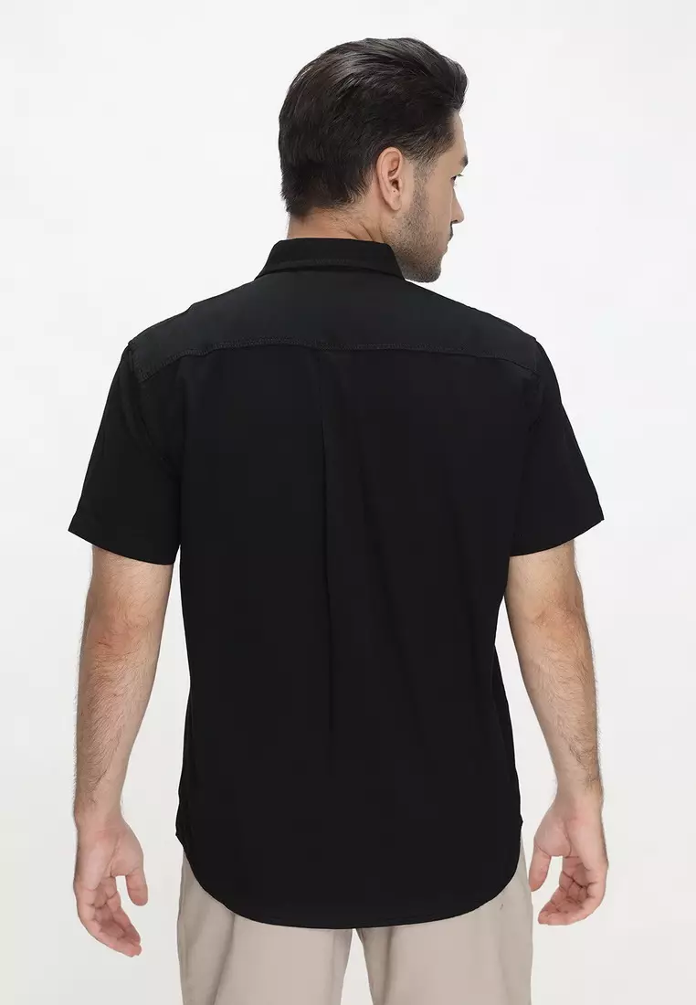 POLICE Kemeja Polos Cotton Hitam Regular Fit Pria