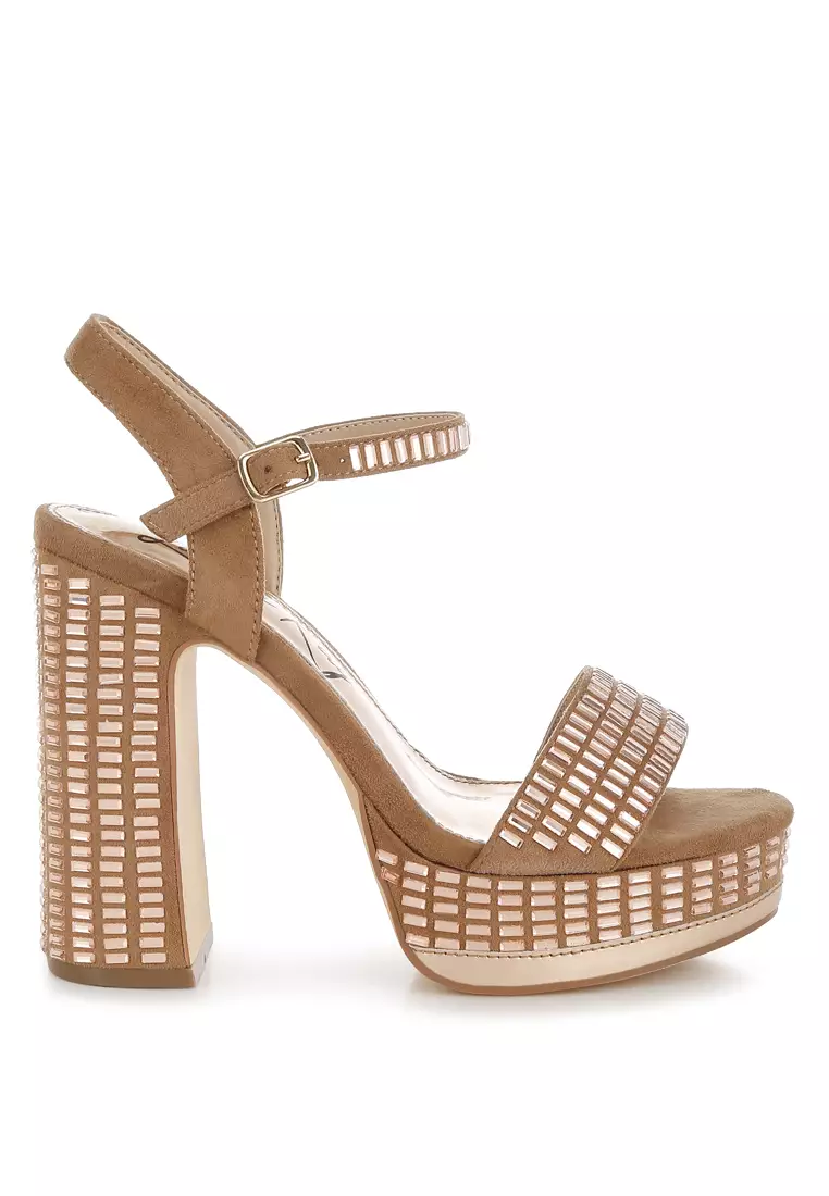 Discount on London Rag  shoes - SKU: Rhinestones Embellished Ankle Strap Heels in Tan