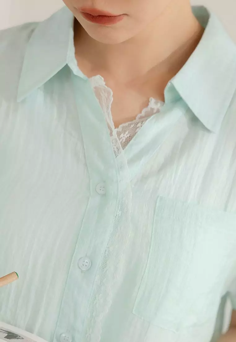 微透膚紋理蕾絲滾邊襯衫上衣《AB20540》