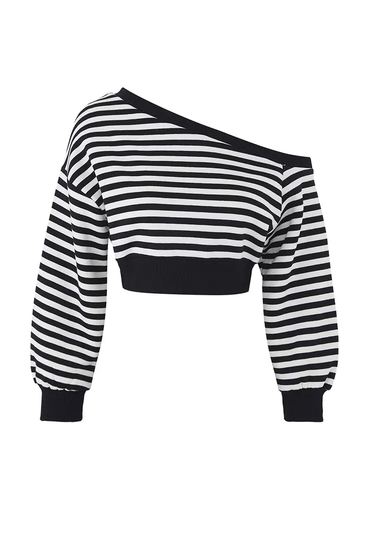 Teen Navy Blue Striped Regular Pattern Polar Fleece Crop Asymmetric Collar Knitted Sweatshirt Twoaw25Sw00143