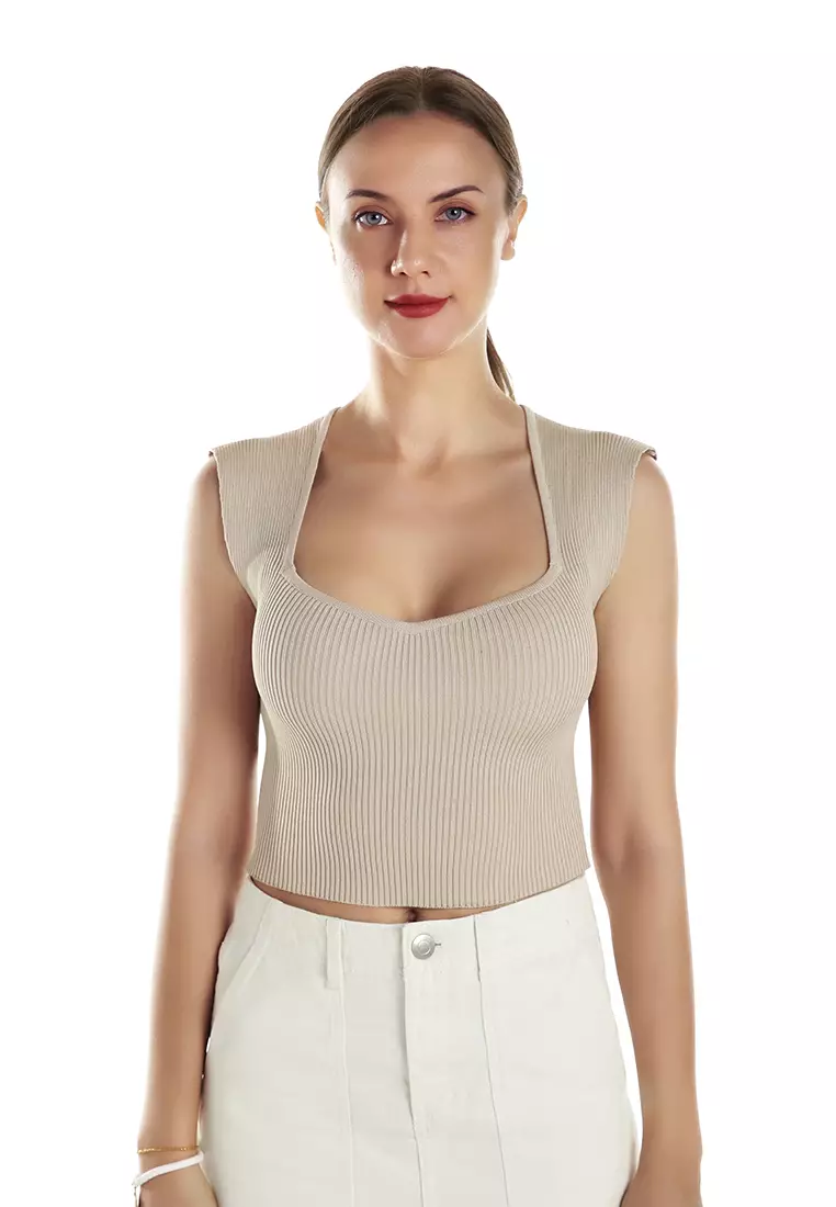 Square Neck Fitted Top In Beige