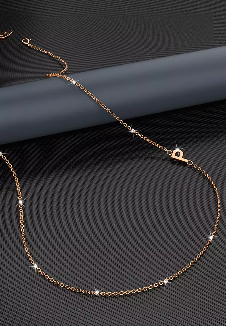 Sparkling Alphabet Initials Stainless Steel Necklace in Rose Gold - P