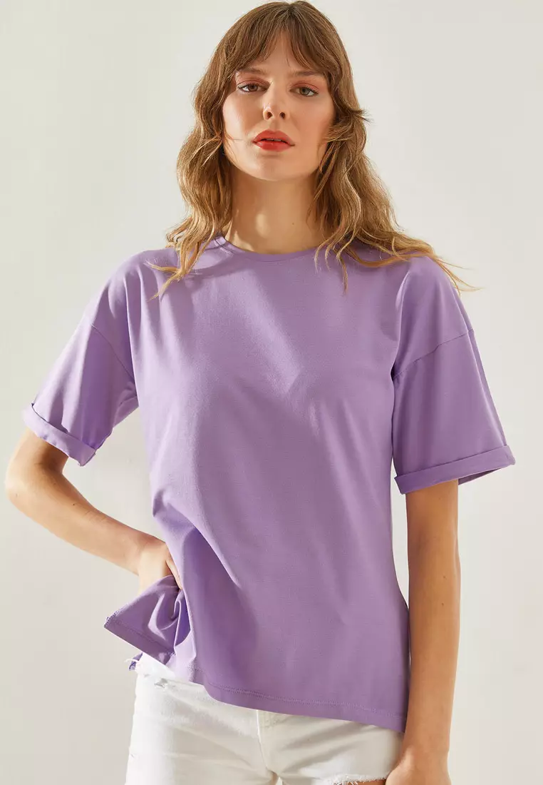 Buy Bianco Lucci Side Slit Sleeve Folding Detailed Crew Neck