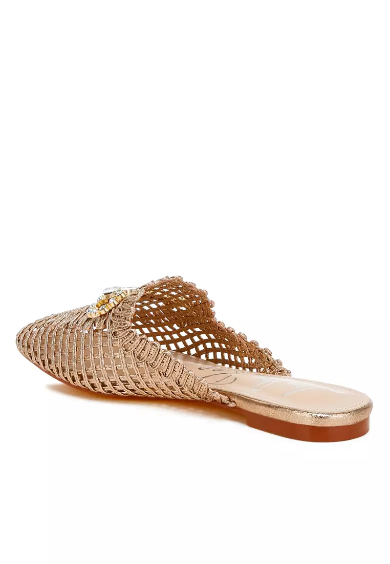 Metallic Woven Diamante Mules in Rose Gold