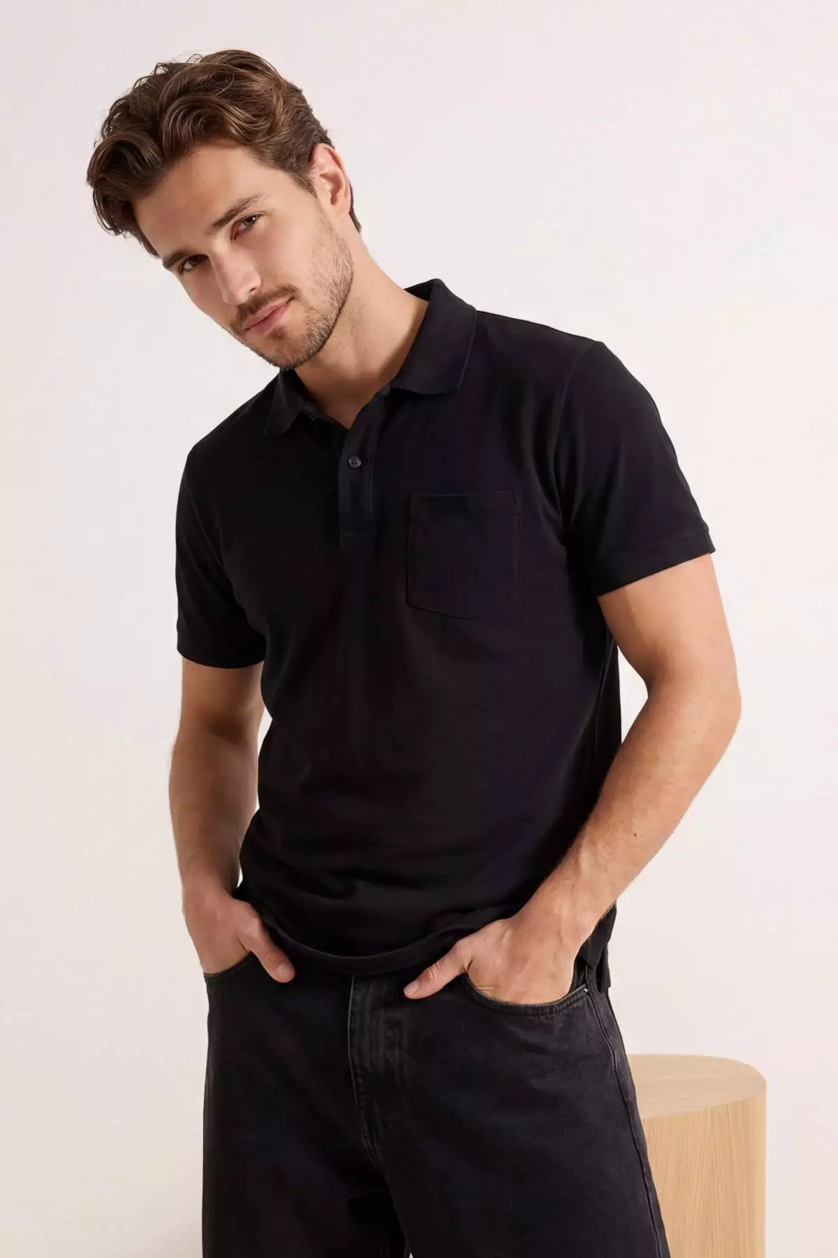 Black Regular 100% Cotton Single Pocket Polo Neck T-Shirt Tmnss26Po00018