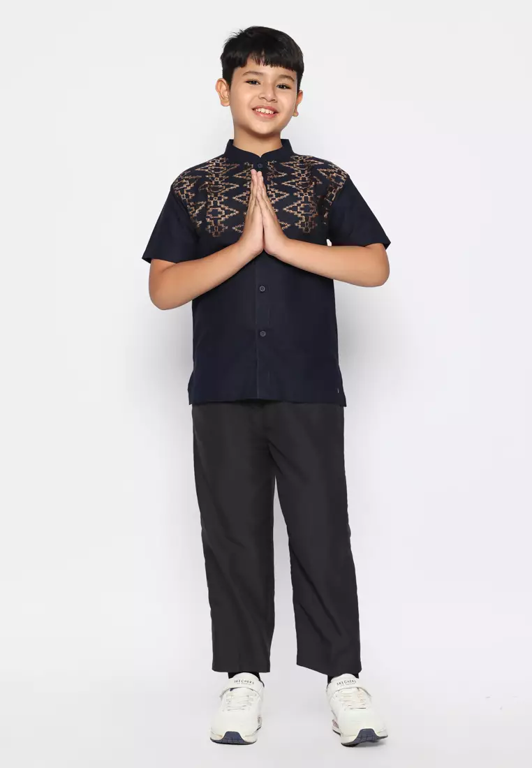 Baju Koko Set Anak Laki Bordir Vertical Navy - GENUINE