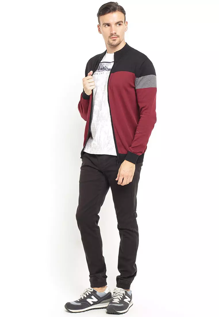 Johnwin - Sweater Pria - Full Zipper - Ribbed Cuff - Merah - Free Keychain
