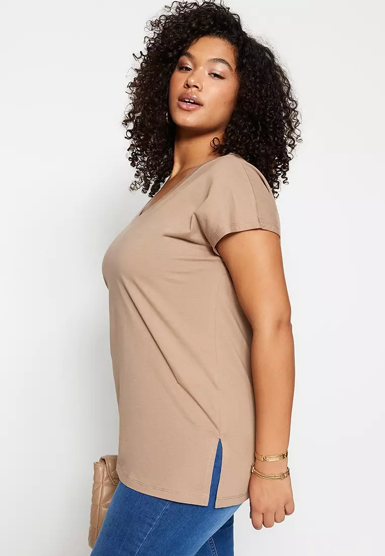 Plus Size V-Neck Slit T-Shirt