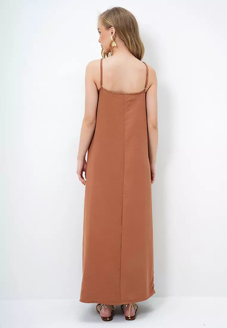 Women's Brown Adjustable Strap V-Neck Aerobin Summer Dress Alc-X14067