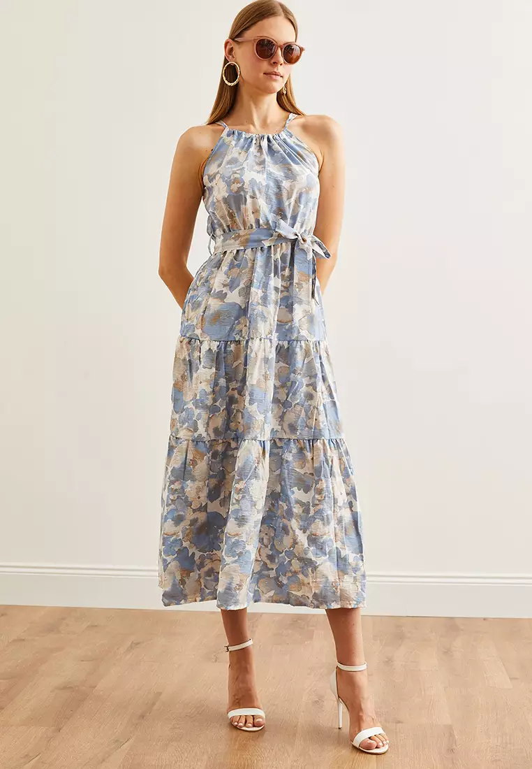 Halter Neck Belted Woven Viscose Dress