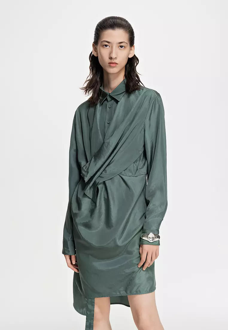 平紋X型寬鬆日常休閒長袖連衣裙