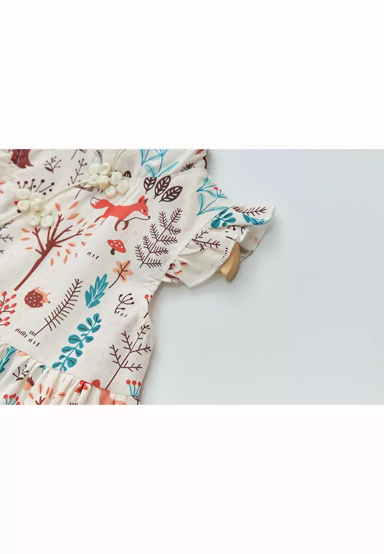 女童印花漢服唐裝褶邊袖裙狐狸森林新年拜年衣服