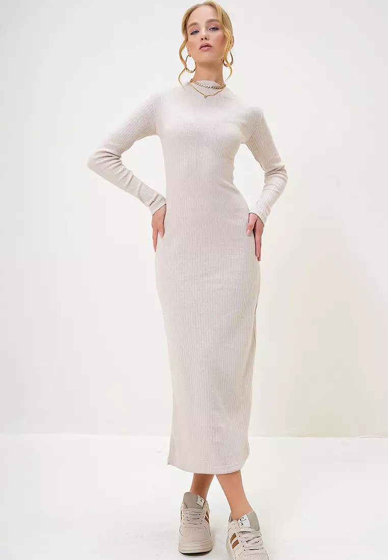 Crew Neck Long Sleeve Interlock Fabric Midi Length Dress
