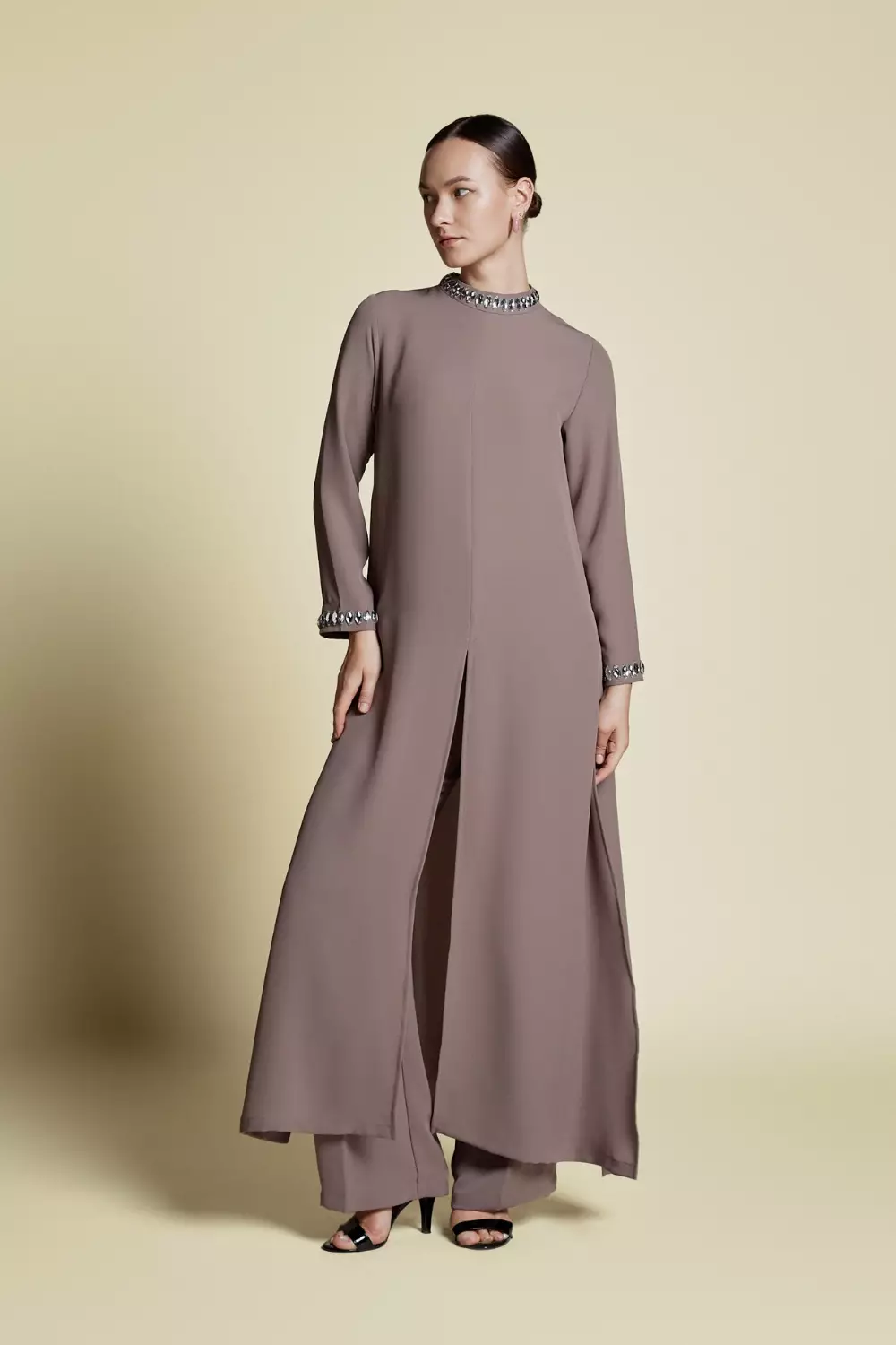 Demure Signature - Midi Coat Set in Frusan Silk Coffee Brown - SET