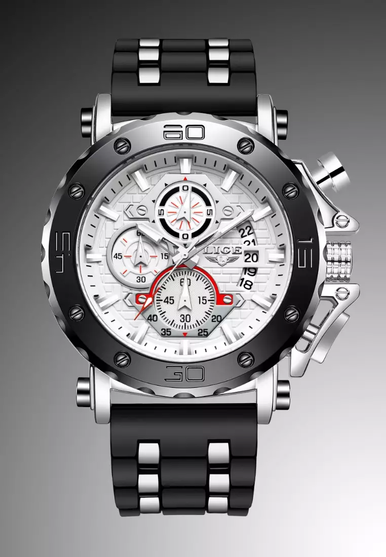 Chronograph Unisex Stainless Steel Quartz Watch, Black Bezel, White dial, Rubber and Metal Strap