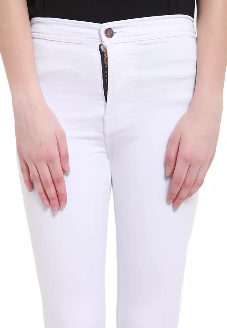 Celana High Waist Skinny Plain Jeans Bawahan Wanita Premium Quality - White