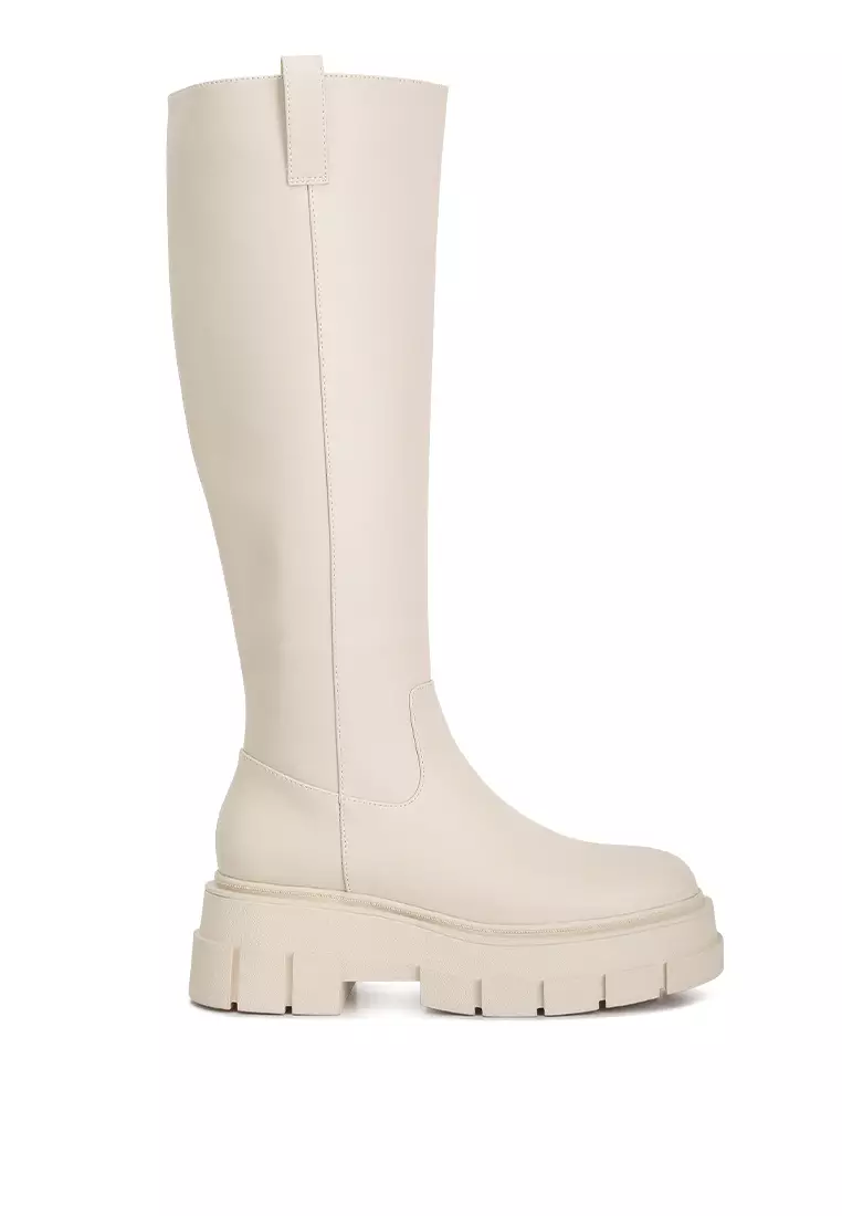 Buy London Rag Ecru Faux Leather Chunky Platform Knee Length Boots