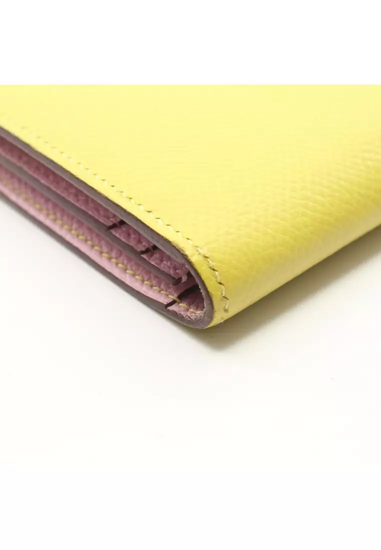 Pre-Loved Hermès bear souffle Verso lime mauve sylvestre Bi-fold Long Wallet Veau epsom yellow silver hardware D stamp