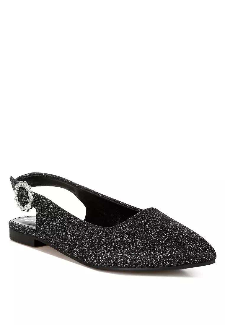 Glitter Slingback Flat Sandals in Black