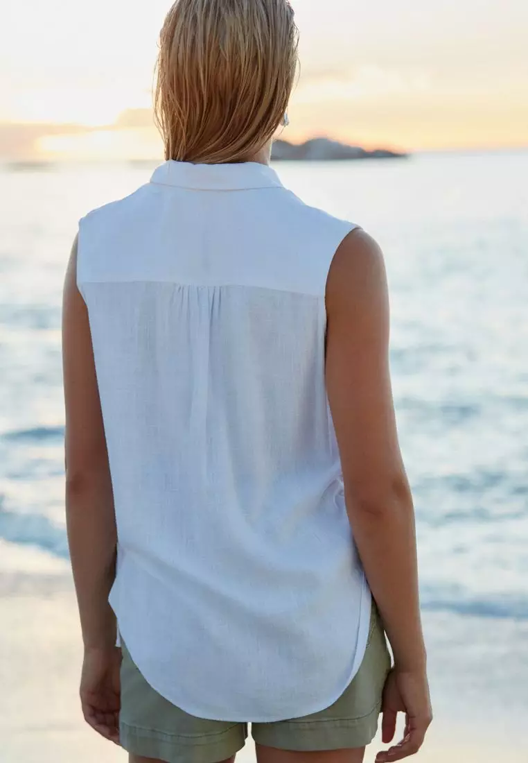 Sleeveless Ruched Side Linen Blend Shirt