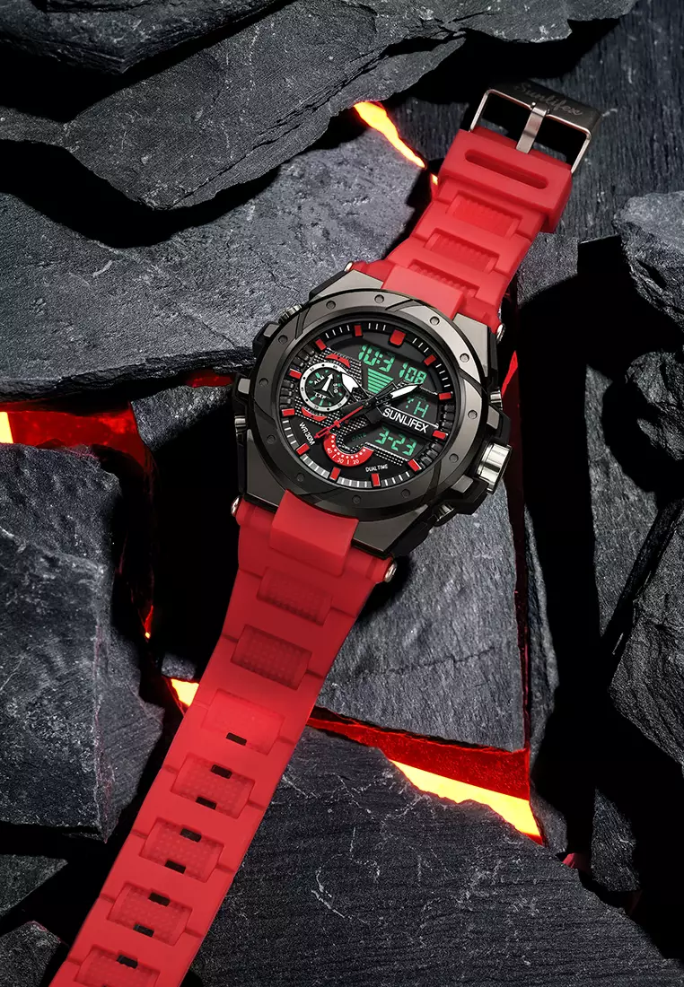 Jam Tangan Pria D009 Digital Analog Tali Rubber Chronograph Olahraga Jam Tangan Cowok redblack