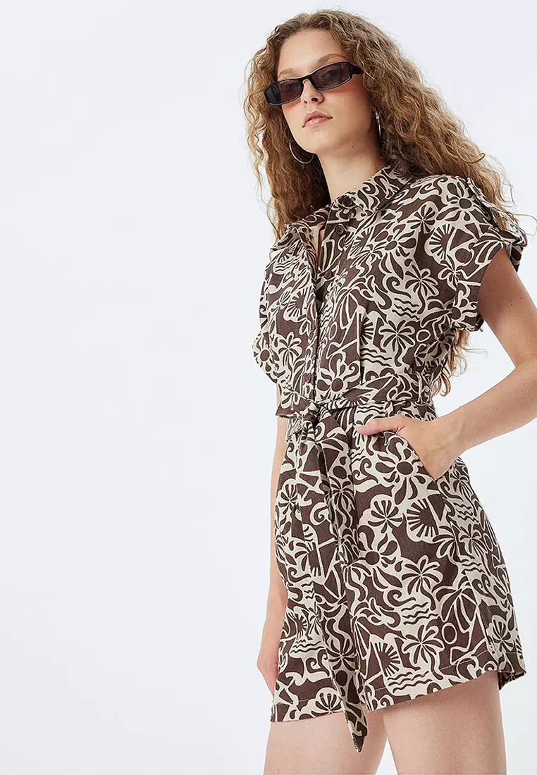 Shorts Jumpsuit Short Sleeve Buttoned Ethnic Patterned Waist Belted Cotton