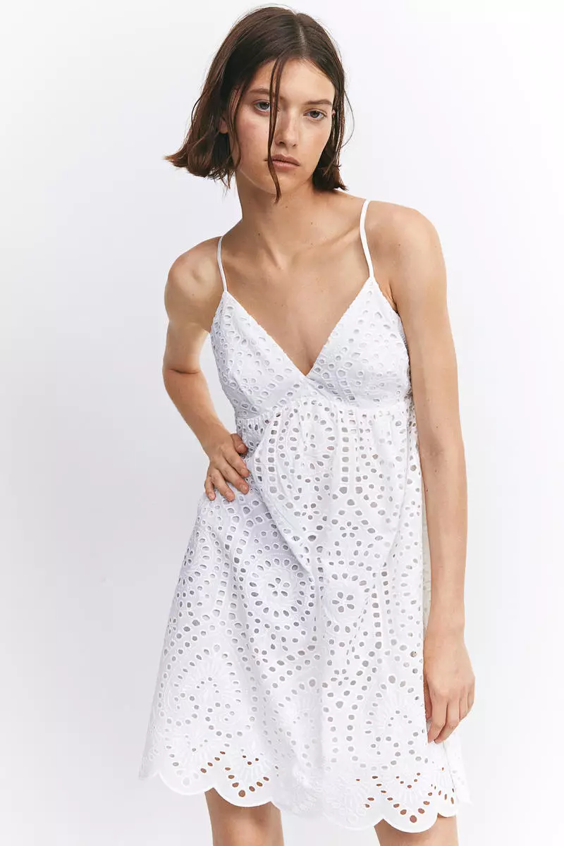 Broderie Anglaise Shirred Ruffle Bandeau Summer Dress White –