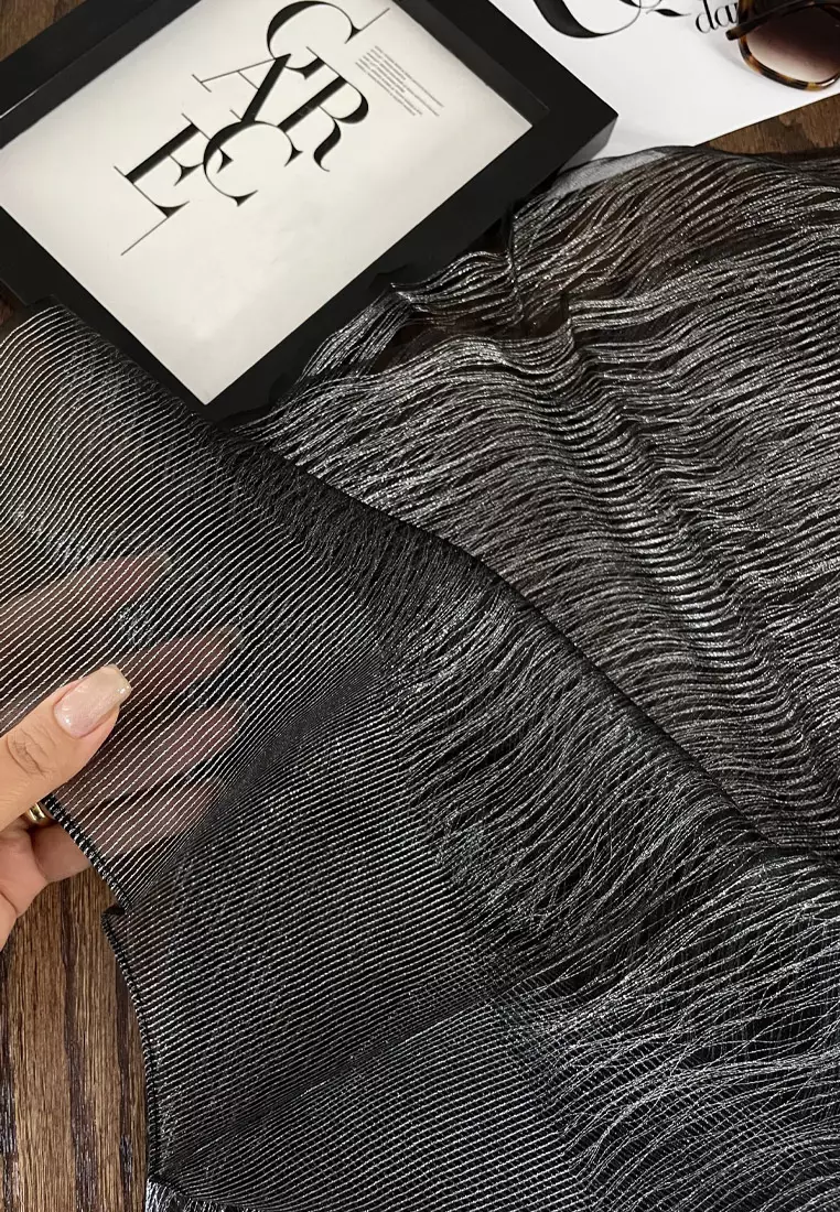 Aksesoris Syal Pesta Wanita Metallic Stripes Embellish 100% Silk Shawl Syal Sutra Wanita Evening Shawl Black & Silver