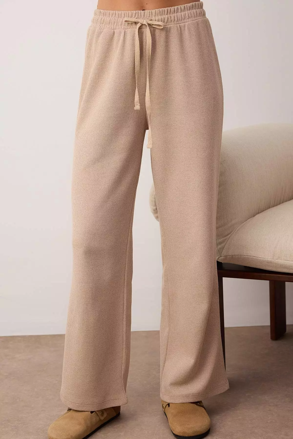 Beige Waist Tie Detailed Waffle Knit Pajama Set