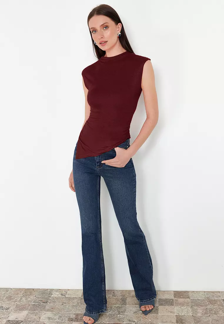 Claret Red Stand Collar Gathered/Drape Detailed Fitted/Body-Sit Asymmetrical Knitted Blouse TWOSS24BZ00534