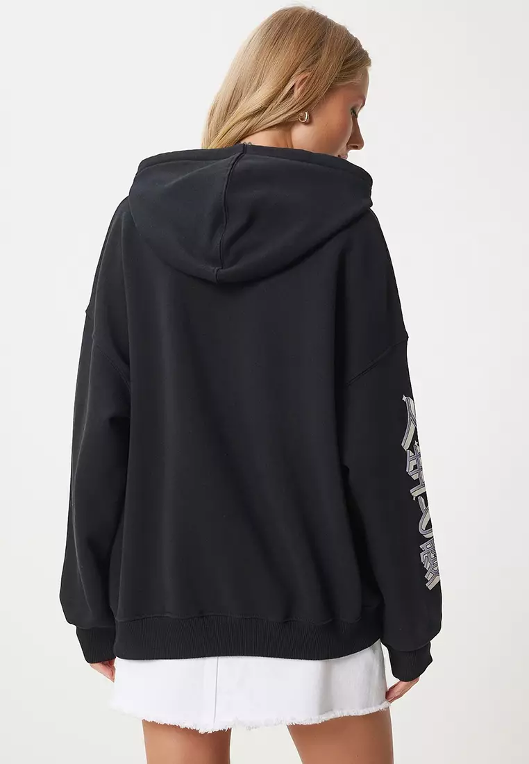 Printed Hooded Raised Knitted Sweatshirt
